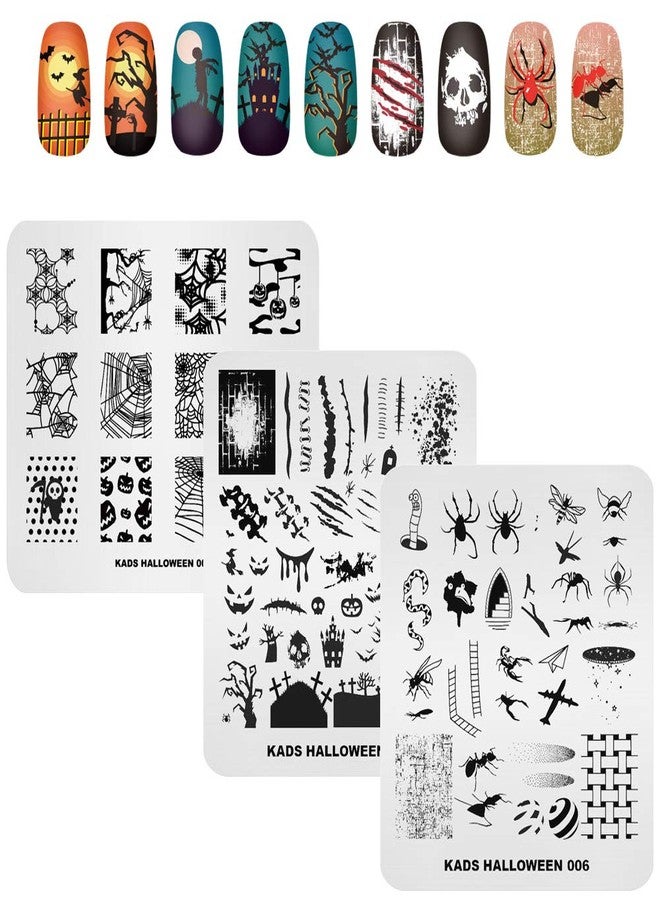 KADS 3Pcs Nail Stamping Plates Set Nails Art Stamp Templates Halloween Horror Themed Skull Bat Witch Spider(Halloween 2) - Image 1